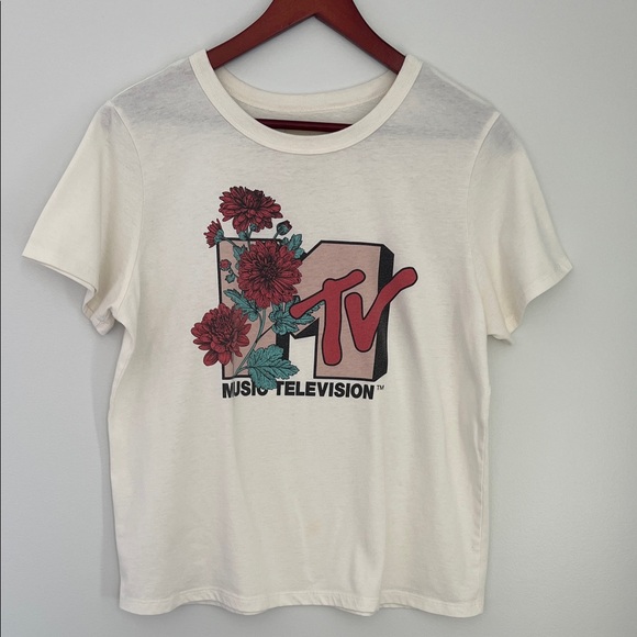 MTV Tops - MTV 1990s MTV Logo Tee in Cream with Faded Black Print Size L